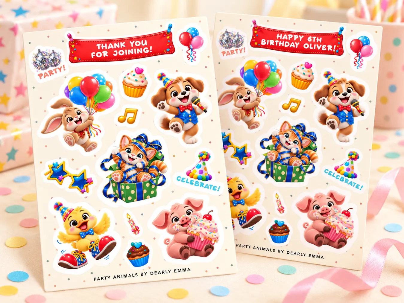 Personalised Party Animals birthday sticker sheets from Dearly Emma