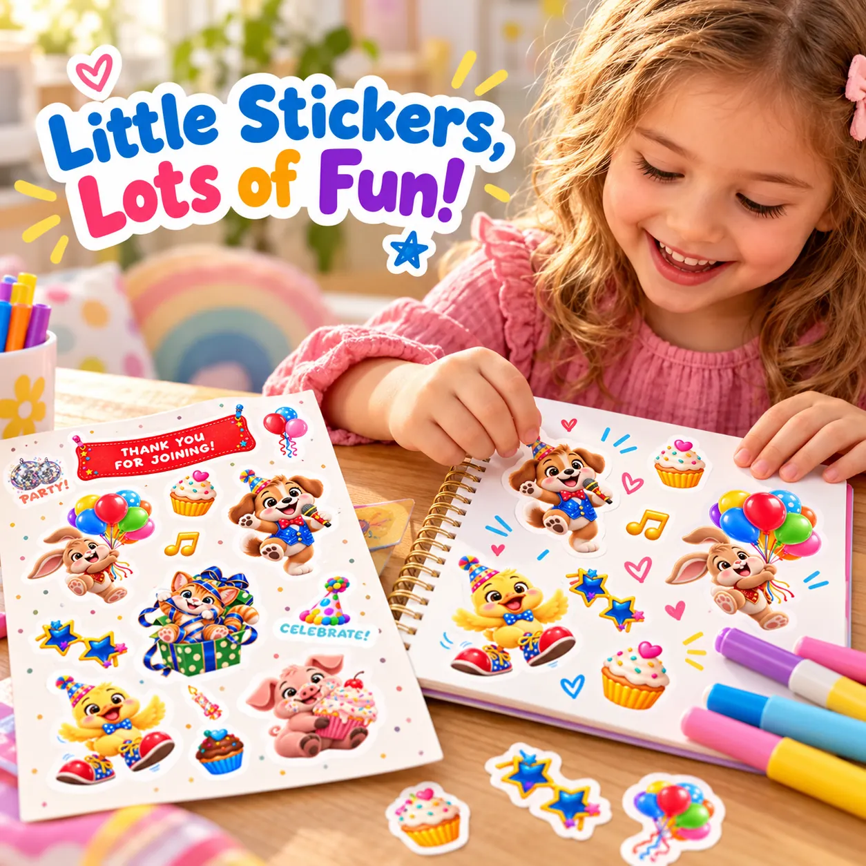 Child enjoying Dearly Emma Party Animals stickers in a notebook