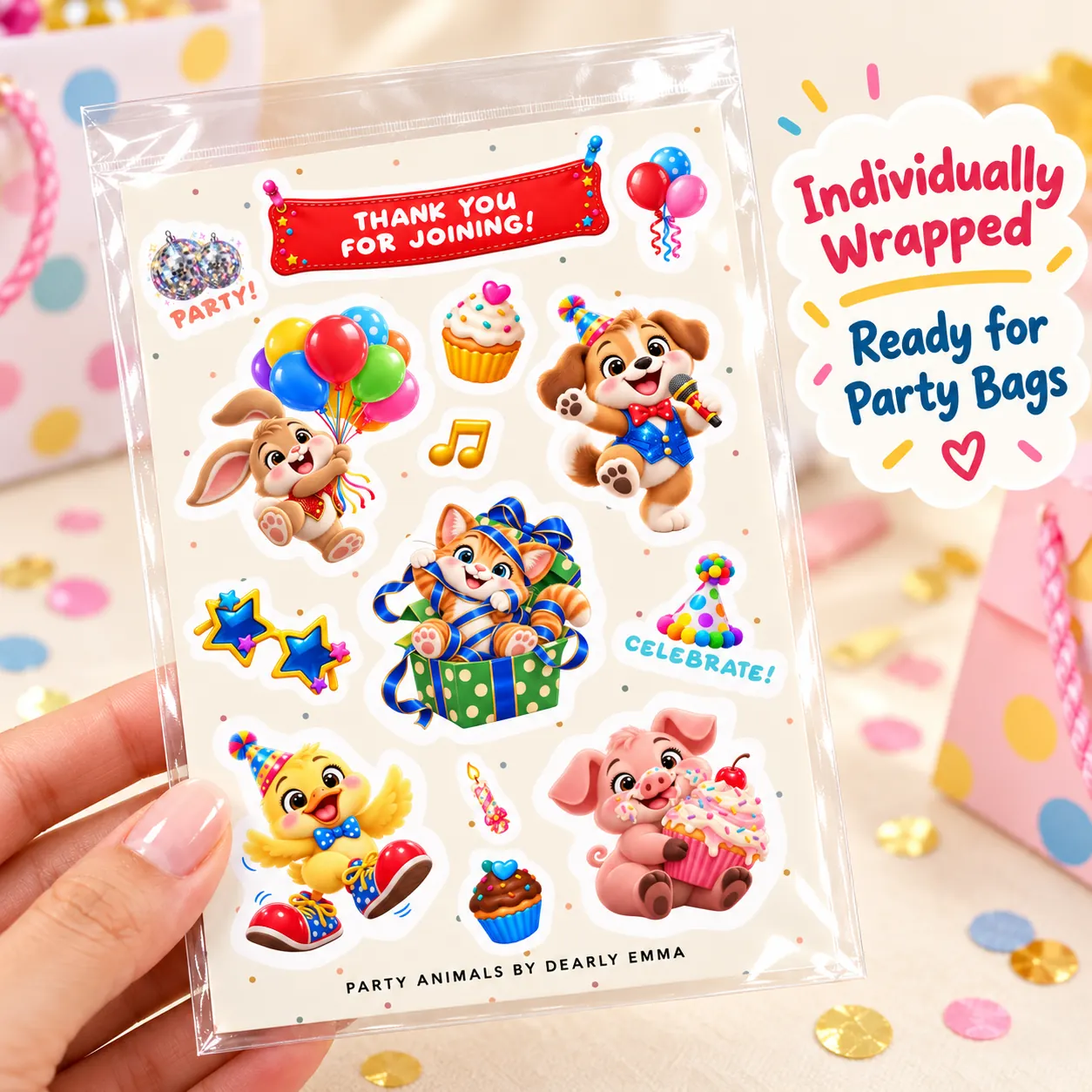 Individually wrapped personalised Party Animals sticker sheet